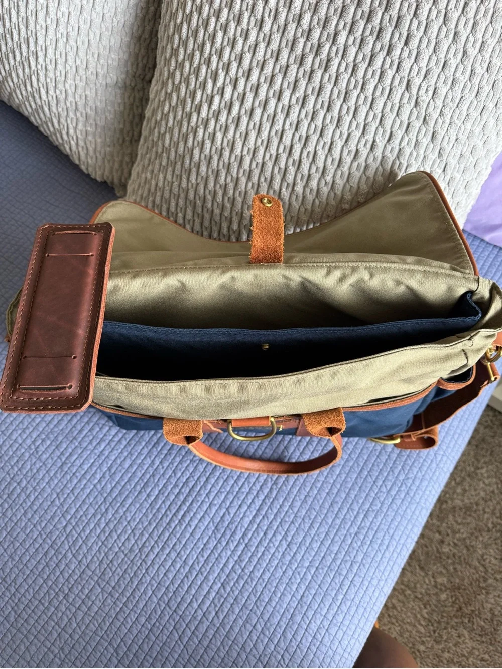 Sword & Plough USA Canvas & Leather Briefcase Messenger Bag Blue Tan